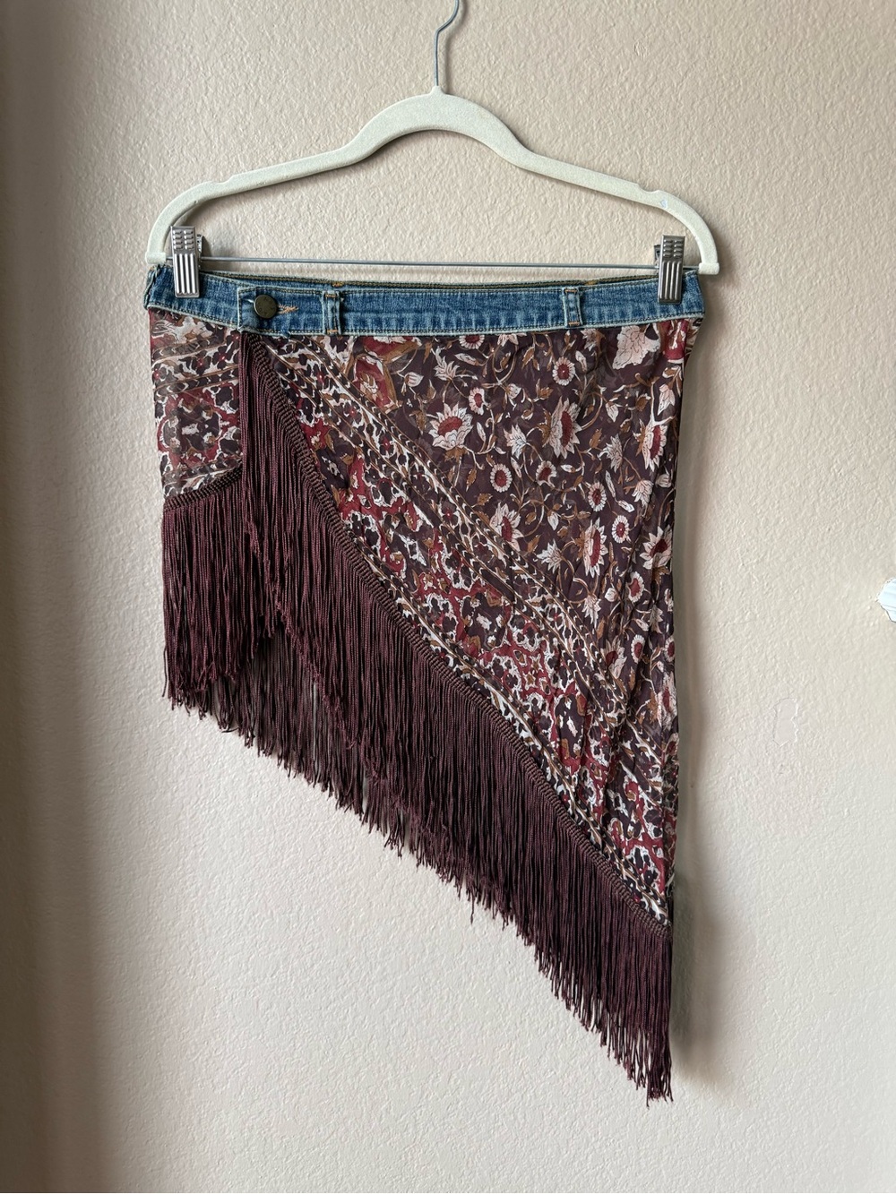Bohemian Floral Fringe Asymmetrical Skirt - Rust Floral